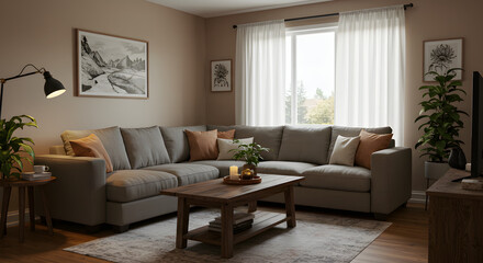 Fototapeta premium Cozy living room with a modern sofa, decorative plants, and natural light streaming through the window, creating a serene atmosphere