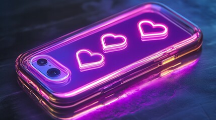 Neon heart emojis glowing on holographic phone case