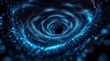 Abstract digital vortex formed by swirling blue glowing particles creating a tunnel-like depth effect in a dark space