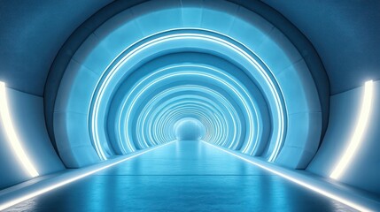 Obraz premium Futuristic tunnel with smooth curved walls illuminated by concentric glowing blue and white neon rings creating a sense of depth and modernity
