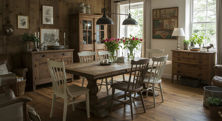 Fototapeta premium Cozy rustic dining room filled with natural light, featuring a wooden table surrounded by chairs and flower arrangements