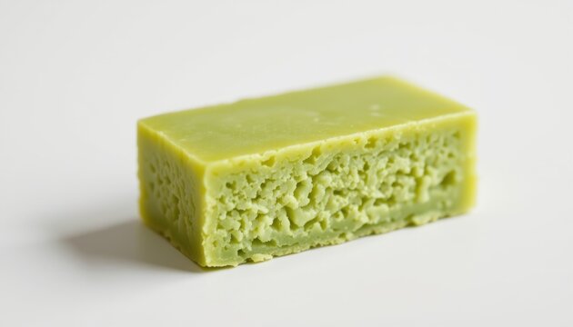 uiro steamed rice cake with glossy surface, cut into a rectangular piece, translucent and chewy texture in pastel green matcha flavor, showcasing traditional kyoto minimalism