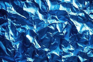 Fototapeta premium close-up view of crumpled shiny blue metallic foil reflecting light with textured creases and folds
