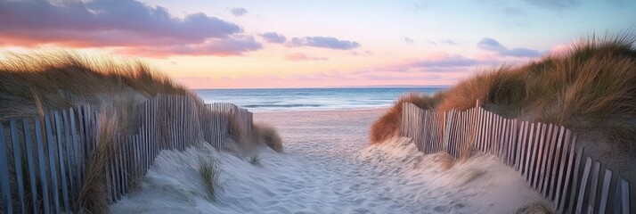 Serene sandy pathway bordered by wooden fences and tall beach grass leading to a calm ocean under a colorful sunset sky