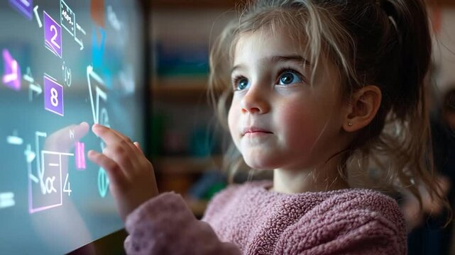Young girl interacts with an interactive screen displaying mathematical equations and digital elements. She wears a pink sweater with a blurred background. - Powered by Adobe
