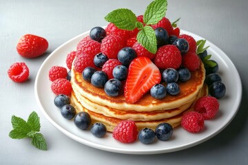 Stack of fluffy pancakes topped with fresh raspberries, blueberries, a sliced strawberry, and mint leaves on a white plate with additional berries and mint on a grey surface