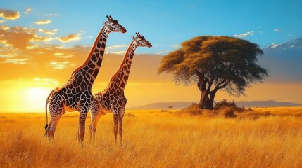 Obraz premium Two giraffes standing in a sunlit dry grassland near a large solitary tree during a golden sunset under a partly cloudy sky