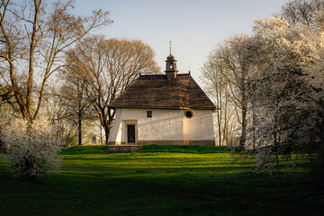 A small, lonely and very old, medieval church of st. Benedict in a green park with blossoming flowers on plum trees in the morning during spring in Podgorze with a view of Krakow, Poland © Daniel Turbasa