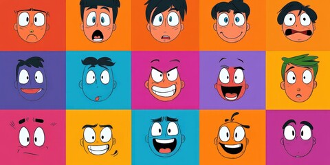 Grid of eighteen cartoon faces showing a variety of emotions including surprise, happiness, confusion, anger, and excitement with vibrant colorful backgrounds