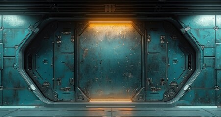 Dimly lit futuristic metallic corridor with a large closed rectangular door illuminated by a soft orange light, featuring a worn steel surface and mechanical details