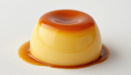 purin japanese custard pudding, glossy caramel top layer and firm egg custard body, unmolded into a dome shape with smooth glossy finish