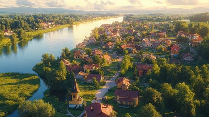 A serene riverside village with numerous houses surrounded by lush green trees and a small church with a pointed steeple under a partly cloudy sky during golden hour