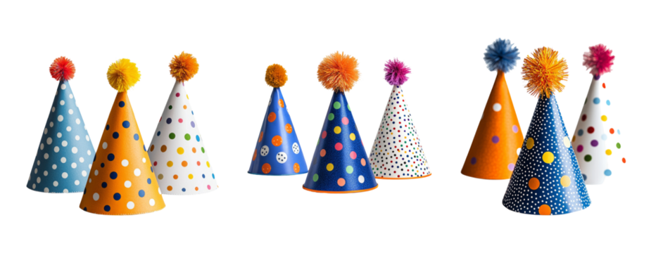 Colorful Party Hats with Pom Poms on Transparent Background