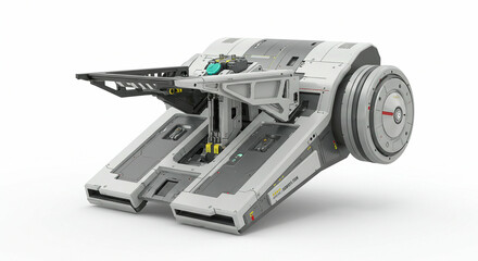 Futuristic industrial spacecraft with mechanical arm