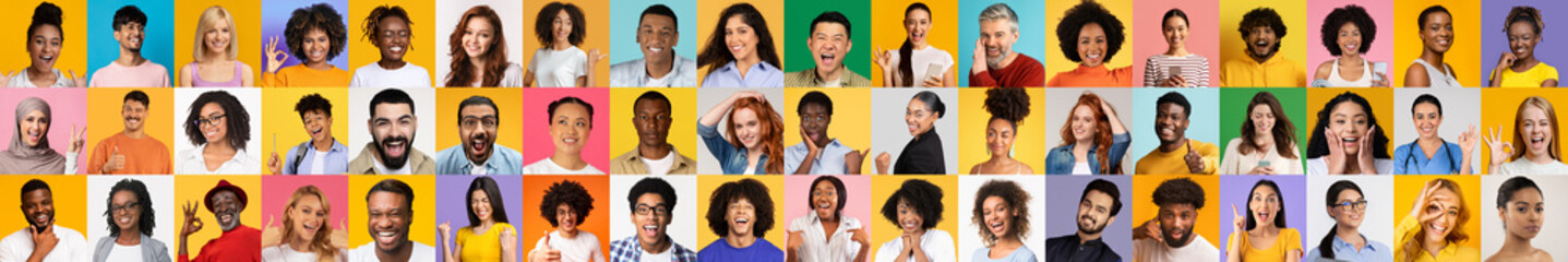 This colorful collage showcases a diverse group of individuals, each expressing happiness. Their unique features and styles highlight the beauty of diversity and unity.