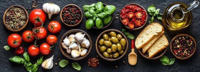 Fresh ingredients including cherry tomatoes, garlic cloves, green basil leaves, green olives, dried red chili, slices of bread, mixed peppercorns, and olive oil arranged on a dark surface