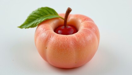 peach shaped wagashi with gradient pink skin and green leaf accent, delicate round form with molded indent, filled with red bean paste