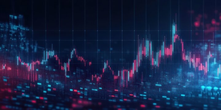 Digital abstract financial chart with colorful glowing lines and bars representing market data fluctuations