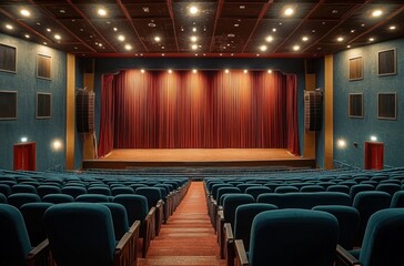 Fototapeta premium Empty theater auditorium with multiple rows of teal-cushioned seats facing a large stage with red closed curtains under warm ceiling lights