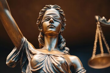 Obraz premium Close-up of a bronze statue of a blindfolded woman holding scales symbolizing justice and fairness with detailed draped clothing and serene expression