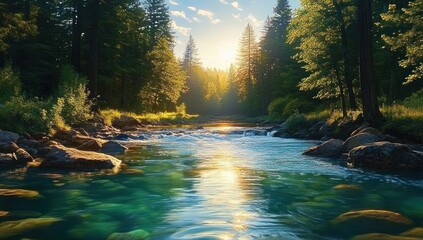 Sunlight reflecting on a clear river flowing gently through a dense green forest with tall trees and rocks in the calm natural landscape