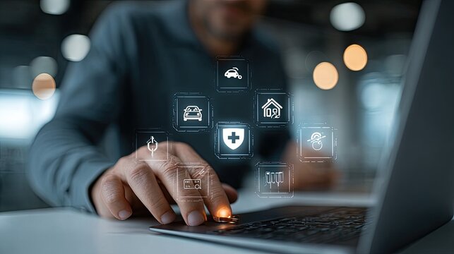 A person interacting with a laptop, showcasing digital icons representing various services and security.