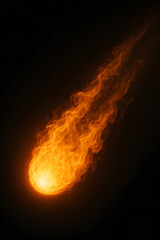 A bright, burning sphere of orange and yellow flames streaks across a dark void, trailing fire and sparks