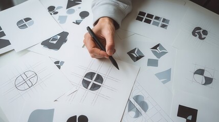 Creative process: Hand sketching innovative logo designs on white surface papers