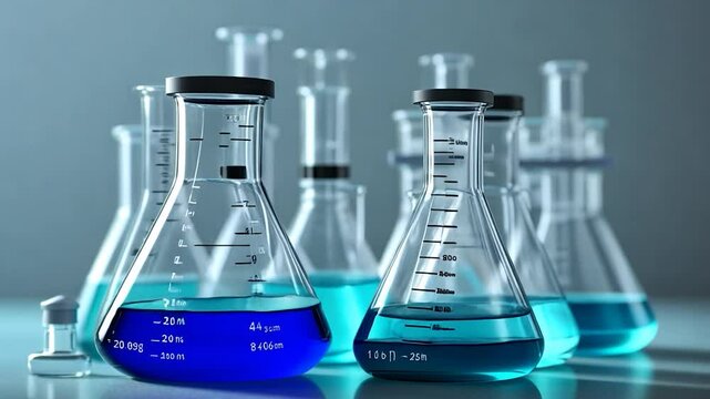 Laboratory glassware with blue liquid in a science lab. Flasks and beakers arranged on a surface with a soft blue-grey background and soft lighting.