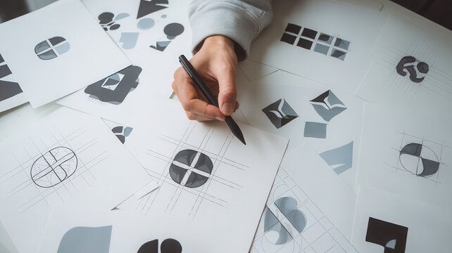 Creative process: Hand sketching innovative logo designs on white surface papers - Powered by Adobe