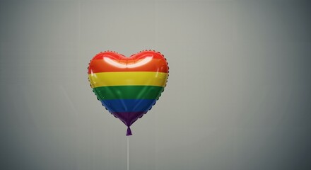 A vibrant rainbow-striped heart-shaped foil balloon, symbolizing LGBTQ+ pride and love, floats gracefully against a simple grey studio background.