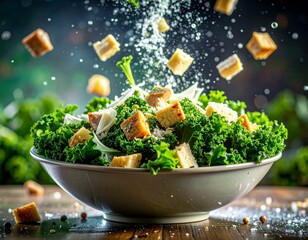 ケールシーザーサラダを宙でトスしてクルトン散り