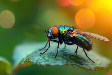 Naklejka premium close-up of iridescent green fly with large red eyes standing on textured green leaf with soft blurred background and warm sunlight