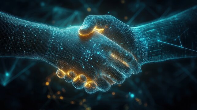 Futuristic digital handshake representing partnership, collaboration and agreement