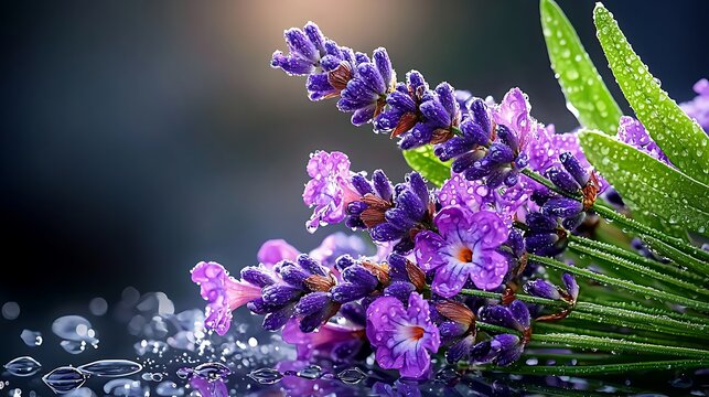 there is a close up of a bunch of purple flowers with water droplets - Powered by Adobe