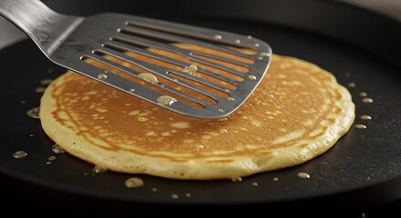 A macro shot of a silver slotted turner flipping a golden pancake on a griddle The pancake is fluffy and golden and the turner is in perfect focus