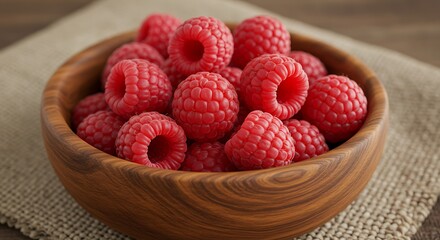 A close-up of a bunch of fresh raspberries in a wooden bowl placed on a linen napkin The raspberries' texture and the bowl's wood grain are visible
