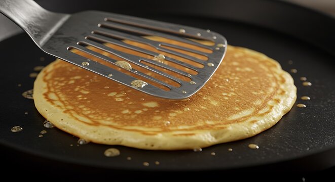 A macro shot of a silver slotted turner flipping a golden pancake on a griddle The pancake is fluffy and golden and the turner is in perfect focus