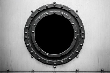 Naklejka premium Close-up view of a round metal porthole window with bolts on a light-colored metal surface, evoking industrial and nautical themes
