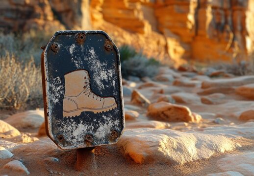 Worn trail marker sign with hiking boot symbol on rocky desert path with orange sandstone cliffs in background during golden hour
