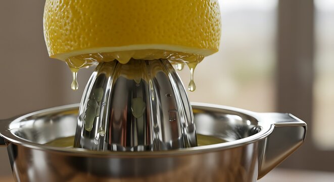 A detailed close-up of a stainless steel lemon squeezer with freshly squeezed lemon juice The squeezer's mechanism and the lemon juice are in sharp focus