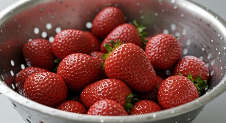 A detailed close-up of a stainless steel colander filled with freshly washed strawberries The strawberries are bright red and glistening with water droplets