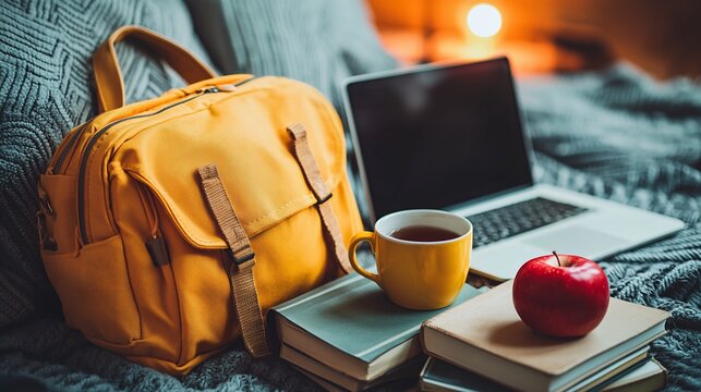 Cozy study setup backpack, laptop, books, tea, apple