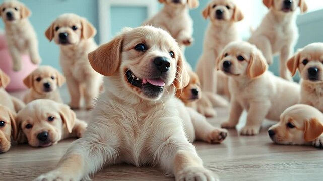 A collection of adorable golden retriever puppies pose together indoors. The foreground features a smiling puppy with its tongue out. Soft lighting and blurred background enhance the scene.