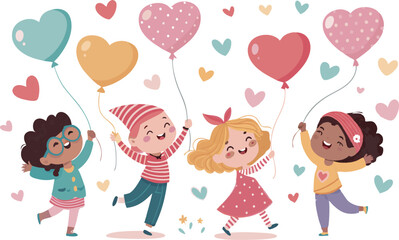 Four joyful children holding heart-shaped balloons celebrate friendship and happiness.
