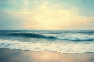 Fototapeta premium Calm ocean waves gently rolling onto a sandy shore under a soft, pastel sunrise sky evoking tranquility and peacefulness