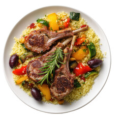 Lamb loin chops with couscous and vegetables on a plate transparent background


