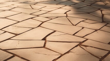 Elegant cracked paving stone surface with sunlight casting soft shadows