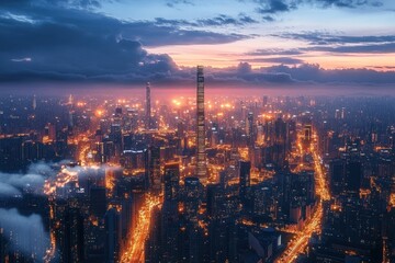 Fototapeta premium A sprawling cityscape at dusk with illuminated skyscrapers and streets glowing warmly under a dramatic cloudy sky, creating a vibrant urban atmosphere