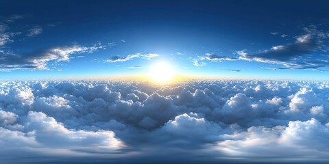 Bright sun rising above a vast sea of fluffy white clouds under a blue sky with scattered wispy clouds, evoking a sense of serenity and awe